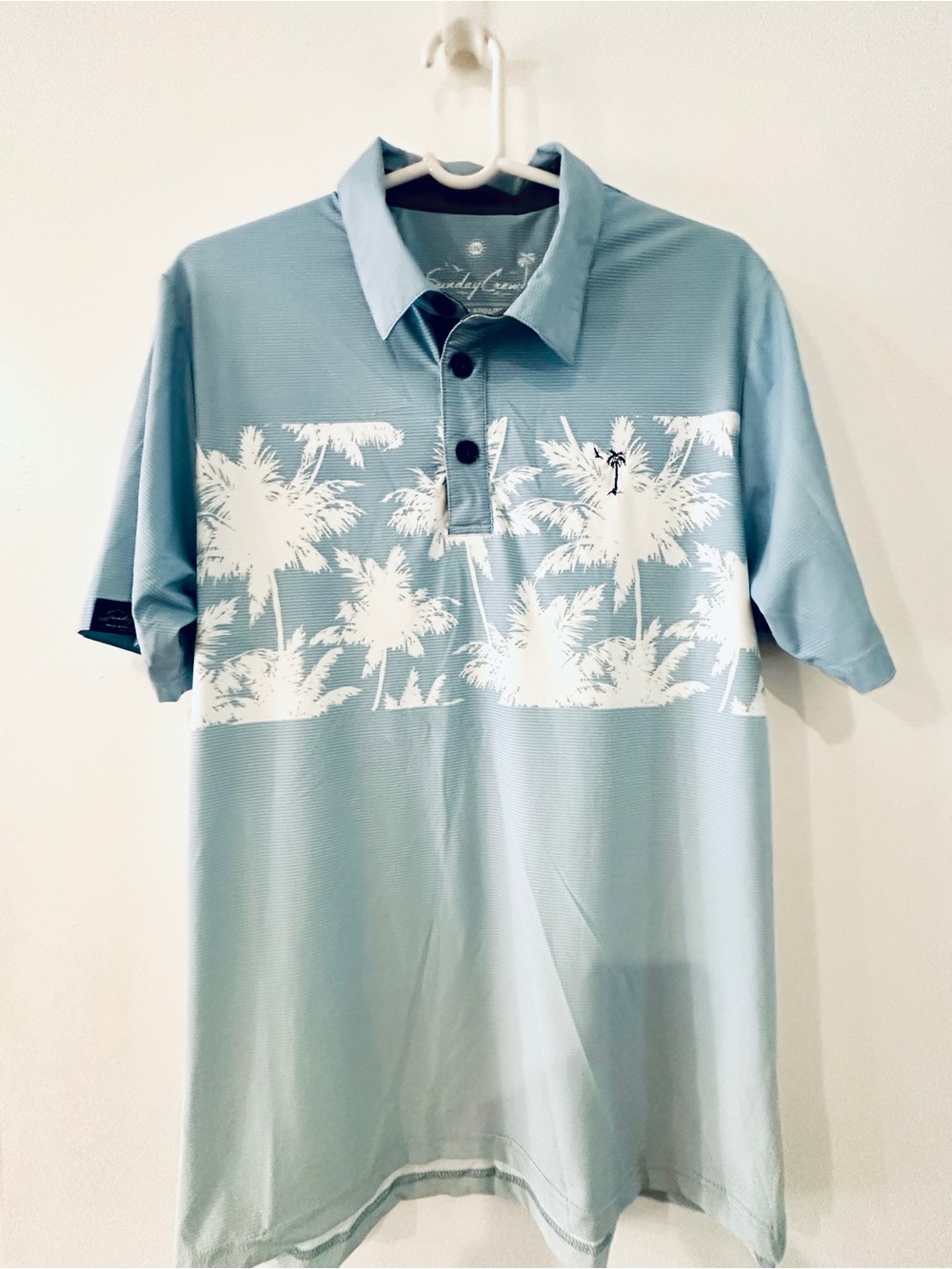 Sunday Crew Men's Light Blue Palm-Print Polo UPF 50+ small